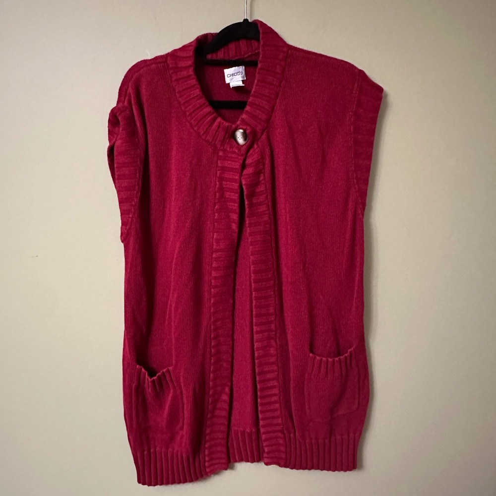 Chicos Red Knit Sleeveless Button Front Vest‎ Cardigan Sweater Size 3/XL Bamboo